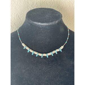 Vintage 1970s Puka Shell, Silver  & Turquoise Beach Hawaii Boho Pooka Necklace